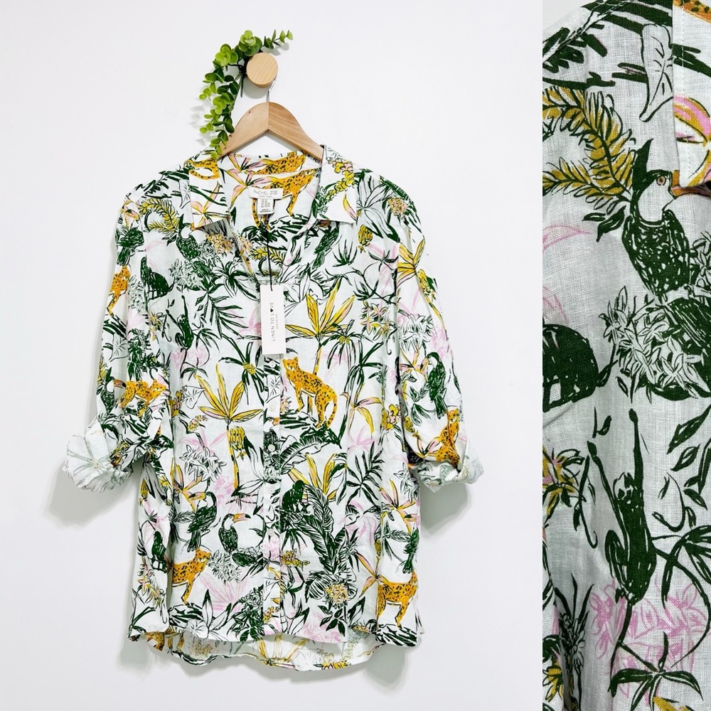 Rachel Zoe NWT 100% Linen Lagenlook Tropical Print Button Down Shirt